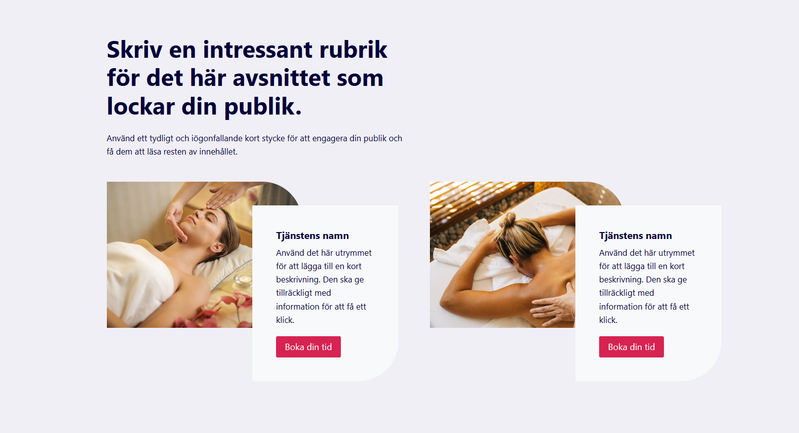 Webbsida med Bokningskalender sektion presentation av tjänster