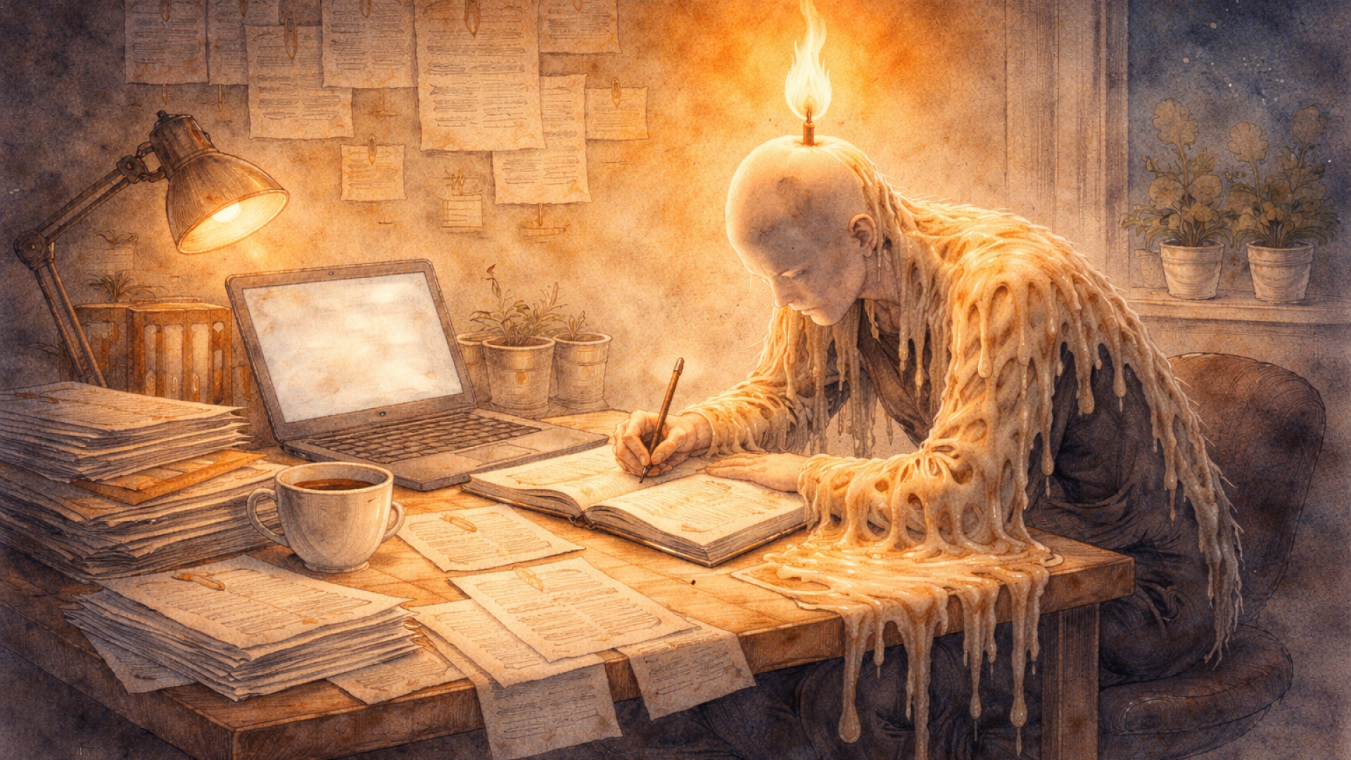 This image represents the snowball of self sacrifice. A person sits at a desk made of paper, writing. But their body is a candle slowly melting, and the wax flows into the pages they are producing. Symbolism: Work literally made from personal energy Quiet self-sacrifice rather than visible burnout