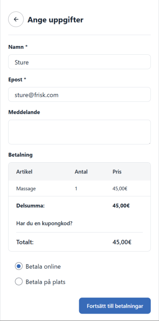 Fluentbooking bokningskalender betalning steg1